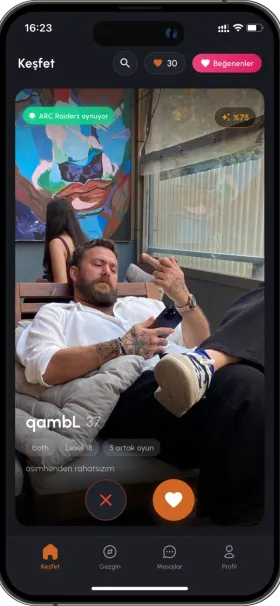 Playm swipe matching screen showing player profile with game activity